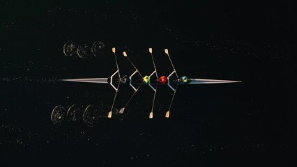 Top view of a rowing team rowing in an ocean bay at a beautiful sunrise, Halifax, Canada. Aerial view of kayaking and canoeing synchronized team of athletes training in the Atlantic ocean  - Powered by Adobe