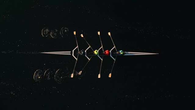 Top view of a rowing team rowing in an ocean bay at a beautiful sunrise, Halifax, Canada. Aerial view of kayaking and canoeing synchronized team of athletes training in the Atlantic ocean 