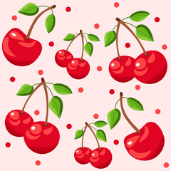 Cherry pattern on pink background. Delicious berry. Hand drawn vector illustration for cards, business, banners, textile, wallpaper, wrapping
