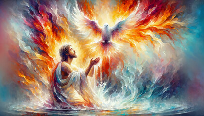 Holy Spirit's Divine Purification: Jesus Christ Baptism of Holy Fire with the Spirit of God Descending like a Dove in Abstract Flames.