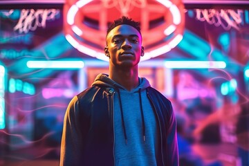 Obraz premium Male African basketball player in a dynamic pose with bright neon lighting in purple and pink tones. The guy is holding a basketball. Concept: themes of street and professional sports, activity 
