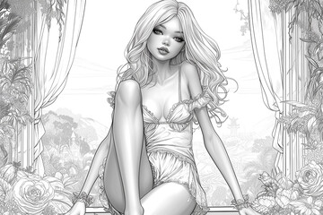 Smiling pretty woman standing near the window at home. Lady in sexy underwear. Romantic, passion, lifestyle concept. Picture for adult and children's coloring books. - obrazy, fototapety, plakaty