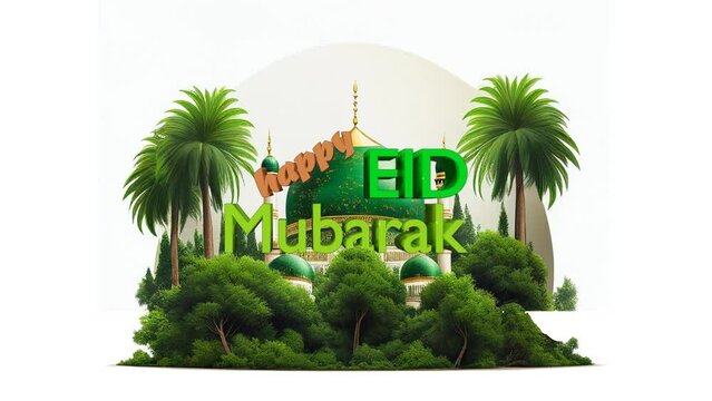 Animation of Eid Mubarak greeting card with 3d text and mosque on white background. Generative AI.	