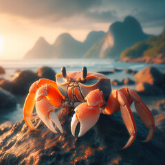 Crab on rock along the beach seashore design concept during the sunset - obrazy, fototapety, plakaty