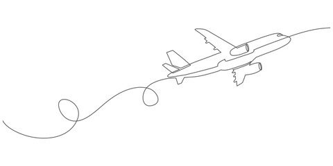 Continuous line drawing of flying airplane. Single one line art of air plane. Vector illustration 