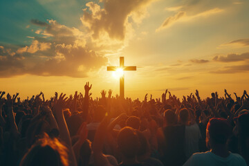 Sunset Worship: Crowd with Raised Hands at Cross Silhouette