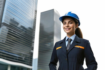 Contractor at a construction site. A girl with brown hair, wearing a helmet on her head and a slight smile on her face, stands against the background of buildings under construction - Powered by Adobe