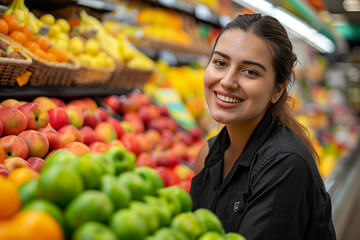 Smiling hispanic female supermarket fruit section worker looking at the camera