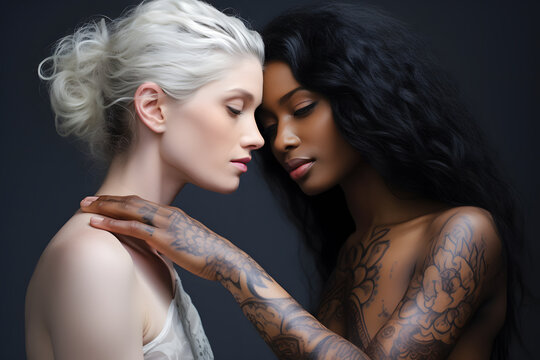 Multiracial lesbian couple having tender moment