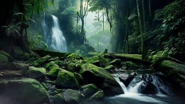 Waterfall scene in tropical forest, 4k animated virtual repeating seamless