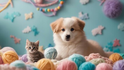 Fototapeta na wymiar puppy and a kitten An adorable assembly of a puppy and kitten, playing amidst a pile of soft toys and colorful yarn balls 