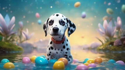 dog with a gift highly intricately detailed photograph of A funny little Dalmatian puppy that looks like he just painted easter eggs