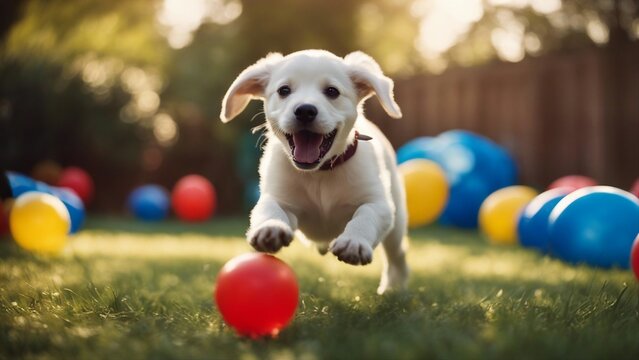 golden retriever playing with ball A playful puppy dog dashing through a backyard obstacle course, with humorous challenges  