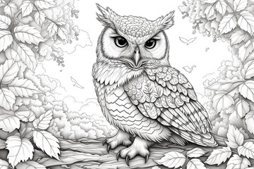 Coloring book for adult and older children. Coloring page with cute owl and floral.