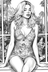 Smiling pretty woman standing near the window at home. Lady in sexy underwear. Romantic, passion, lifestyle concept. Picture for adult and children's coloring books.