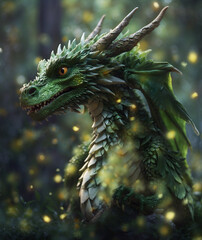 portrait of beautiful young green dragon posing against forest background. close up. 2024 year chinise symbol. New year concept. AI generated