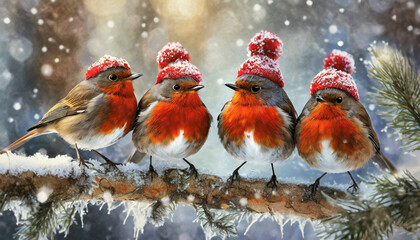 Closeup of a group of robin birds with red wool hats on a tree branch in winter. Generative Ai. (Erithacus Rubecula).