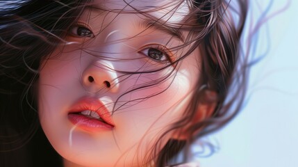 a beautiful Asian woman with her hair blowing, in the style of snapshot aesthetic, hyper-realistic portraits  