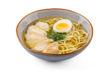 Chicken soup with homemade noodles on a white background studio shot 1