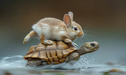 Foto op Aluminium Cheating concept with Rabbit riding turtle, better strategy concept © IBEX.Media