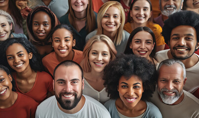 High angle shot , large group of multi ethnic people smiling