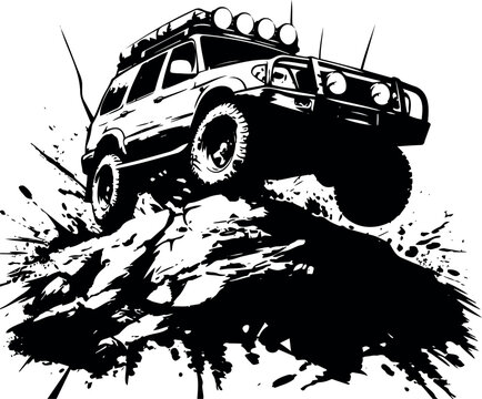 Bold offroad vehicle silhouette against a black and white backdrop, highlighting mud splashes
