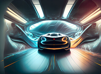 Abstact colorful super car inside empty tunnel under ground, light swirling surface on digital art concept, Generative AI.