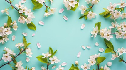 Beautiful spring nature background with lovely blossom, petal a on turquoise blue background , top view, frame. Springtime concept