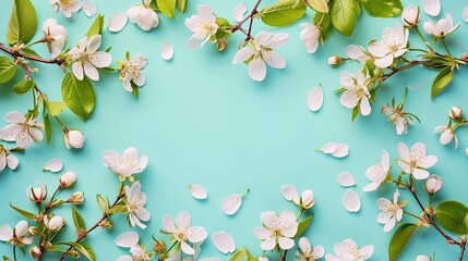 Beautiful spring nature background with lovely blossom, petal a on turquoise blue background , top view, frame. Springtime concept 