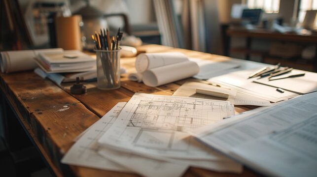A well-lit workspace with architectural blueprints and drawing tools spread on a wooden table