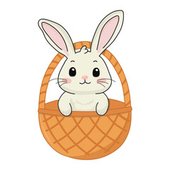 Cute rabbit in a basket with on white background. Congratulations and gifts for Easter