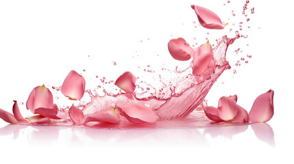 Rose flower petals , water drop and leaf falling in white background.	
