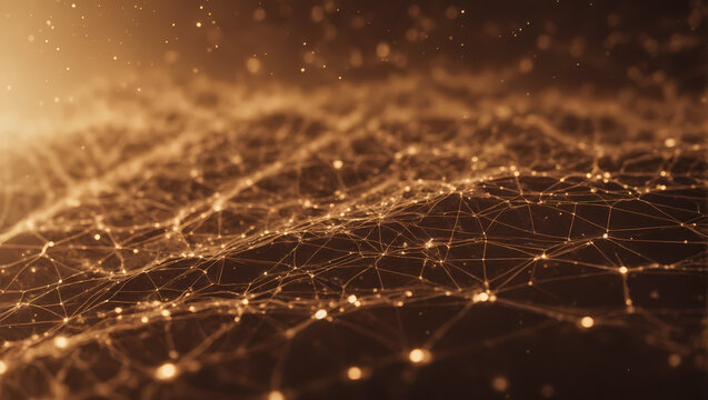 Vintage sepia-toned abstract technology illustration with a cyber network grid, connected particles, and artificial neurons. Global data connections in a retro theme.