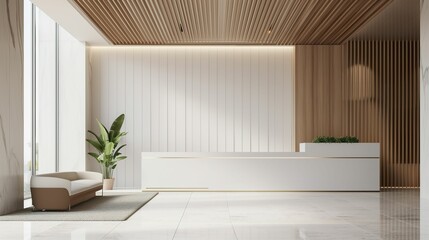 Spacious Elegance, Modern Reception Counter in a Luxury Contemporary Lobby - obrazy, fototapety, plakaty