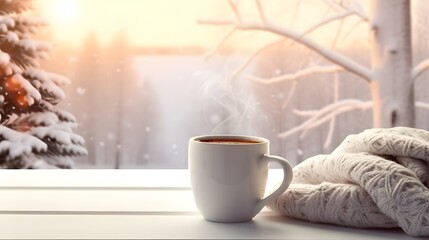 Obraz na płótnie Canvas Cozy warm winter composition with cup of hot coffee or chocolate, cozy blanket and snowy landscape on sunny winter day.