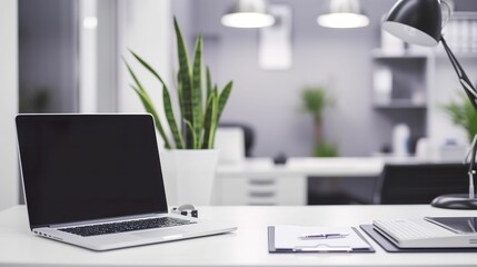 Fototapeta premium Modern Doctor Office, Empty Workspace with Laptop, Lamp, and Stylish Decor