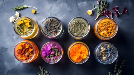 Different herbal teas made from natural herbs, showcased from above with room for text. - obrazy, fototapety, plakaty