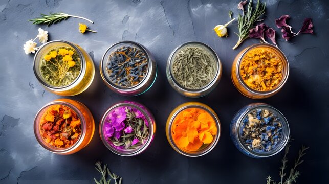 Different herbal teas made from natural herbs, showcased from above with room for text.