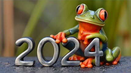Leap day, one extra day, Leap year 29 February 2024 background. Green Frog and year 2024 text on green background.