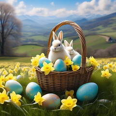 Easter bunny in an Easter basket with Easter eggs on a green meadow. Daffodils