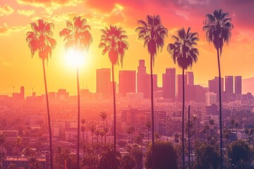 Palm trees and sun setting over the Los Angeles skyline - obrazy, fototapety, plakaty