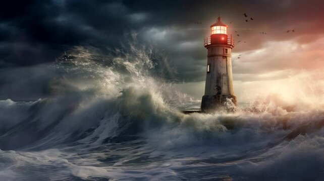 Scene of the lighthouse being hit by waves and storms, 4k animated virtual repeating seamless