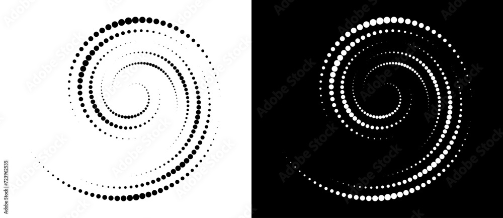 Poster Modern abstract background. Halftone dots in circle form. Spiral logo, icon or design element. Black dots on a white background and white dots on the black side.