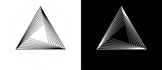 Geometric triangle shape with swirl lines as modern design element, logo or icon. Black shape on a white background and the same white shape on the black side.