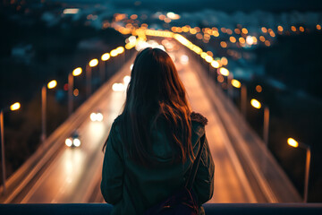 A woman on a bridge looking towards a highway. Night skyline. - obrazy, fototapety, plakaty