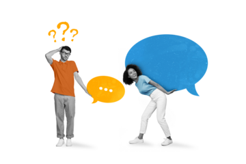 Portrait photo artwork minimal collage of two young friends communicating together hold chat box dialogue speech isolated on white background