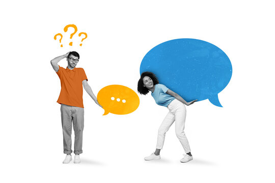 Portrait photo artwork minimal collage of two young friends communicating together hold chat box dialogue speech isolated on white background