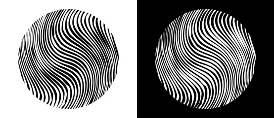 Abstract background with wave lines in circles. A black figure on a white background and the same white figure on the black side.