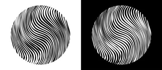 Fotobehang Abstract background with wave lines in circles. A black figure on a white background and the same white figure on the black side. © Mykola Mazuryk