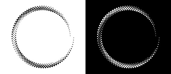 Modern abstract background. Halftone dots in circle form. Letter C like logo, icon or design element. Black dots on a white background and white dots on the black side.